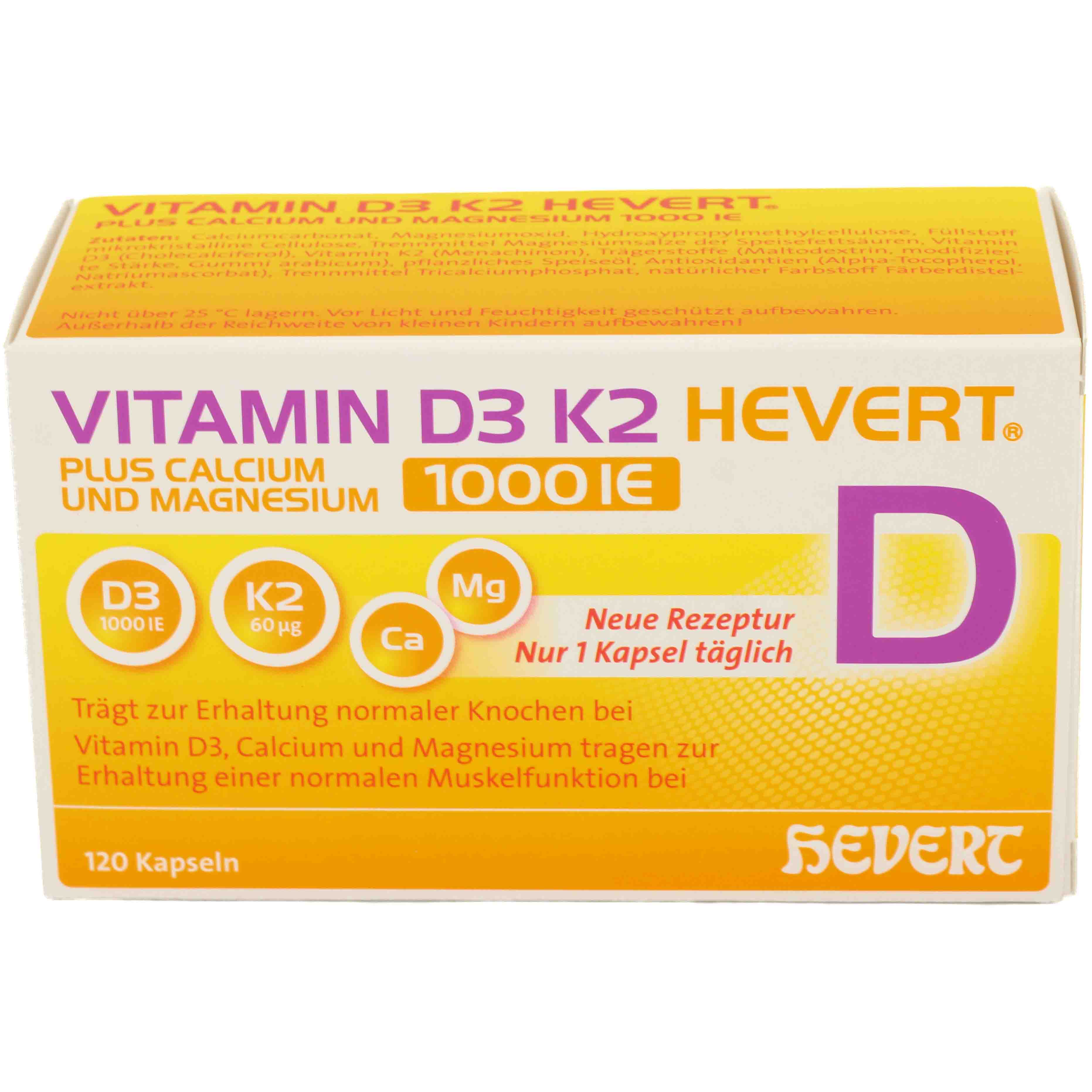 VITAMIN D3 K2 Hevert+Calcium u.Magnes.1000 IE Kps. VITAMIN D3 K2 Hevert+Calcium u.Magnes.1000 IE Kps.