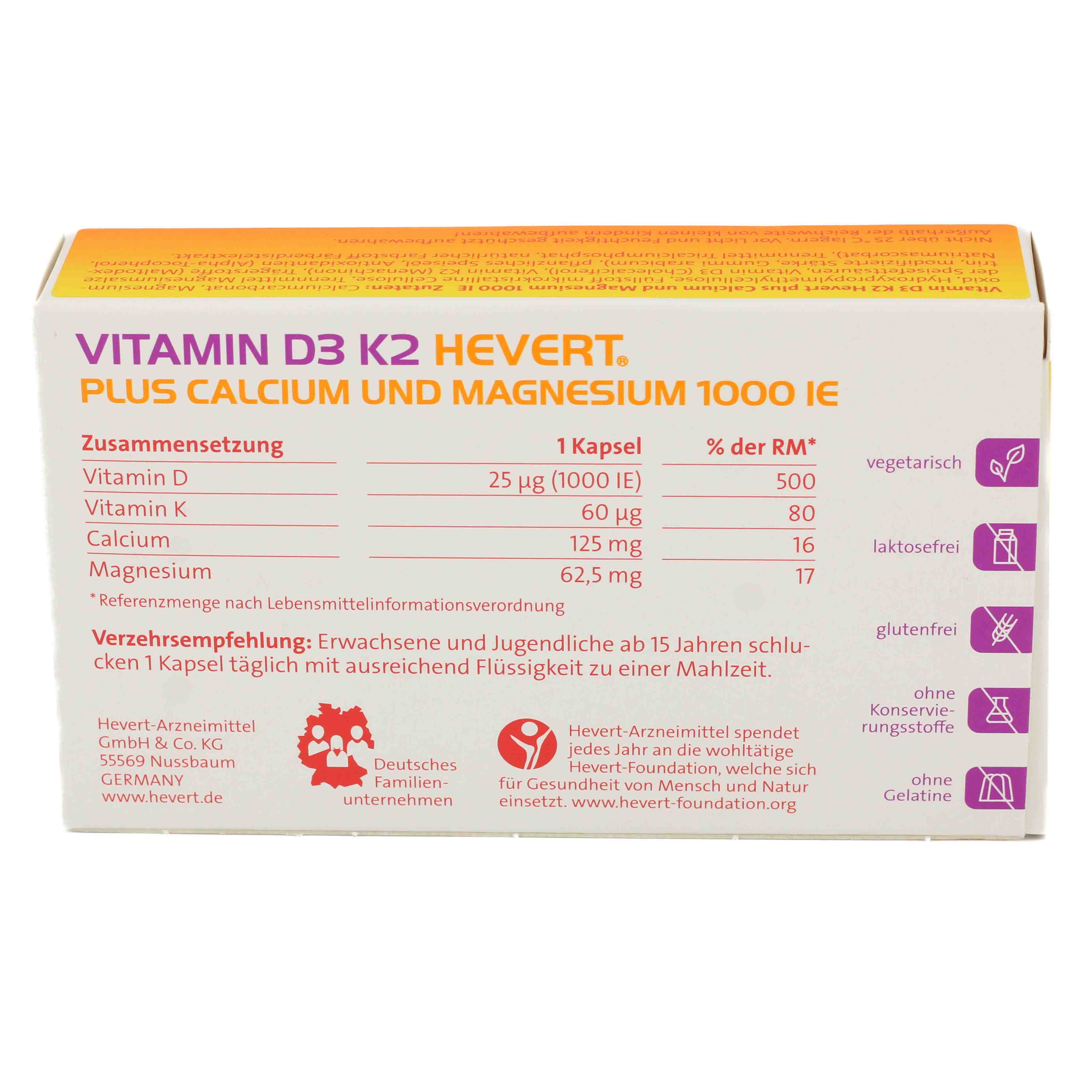 VITAMIN D3 K2 Hevert+Calcium u.Magnes.1000 IE Kps. VITAMIN D3 K2 Hevert+Calcium u.Magnes.1000 IE Kps.