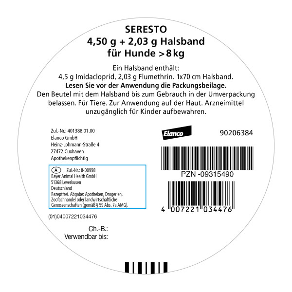 SERESTO 4,50g + 2,03g Halsband für Hunde ab 8kg SERESTO 4,50g + 2,03g Halsband für Hunde ab 8kg
