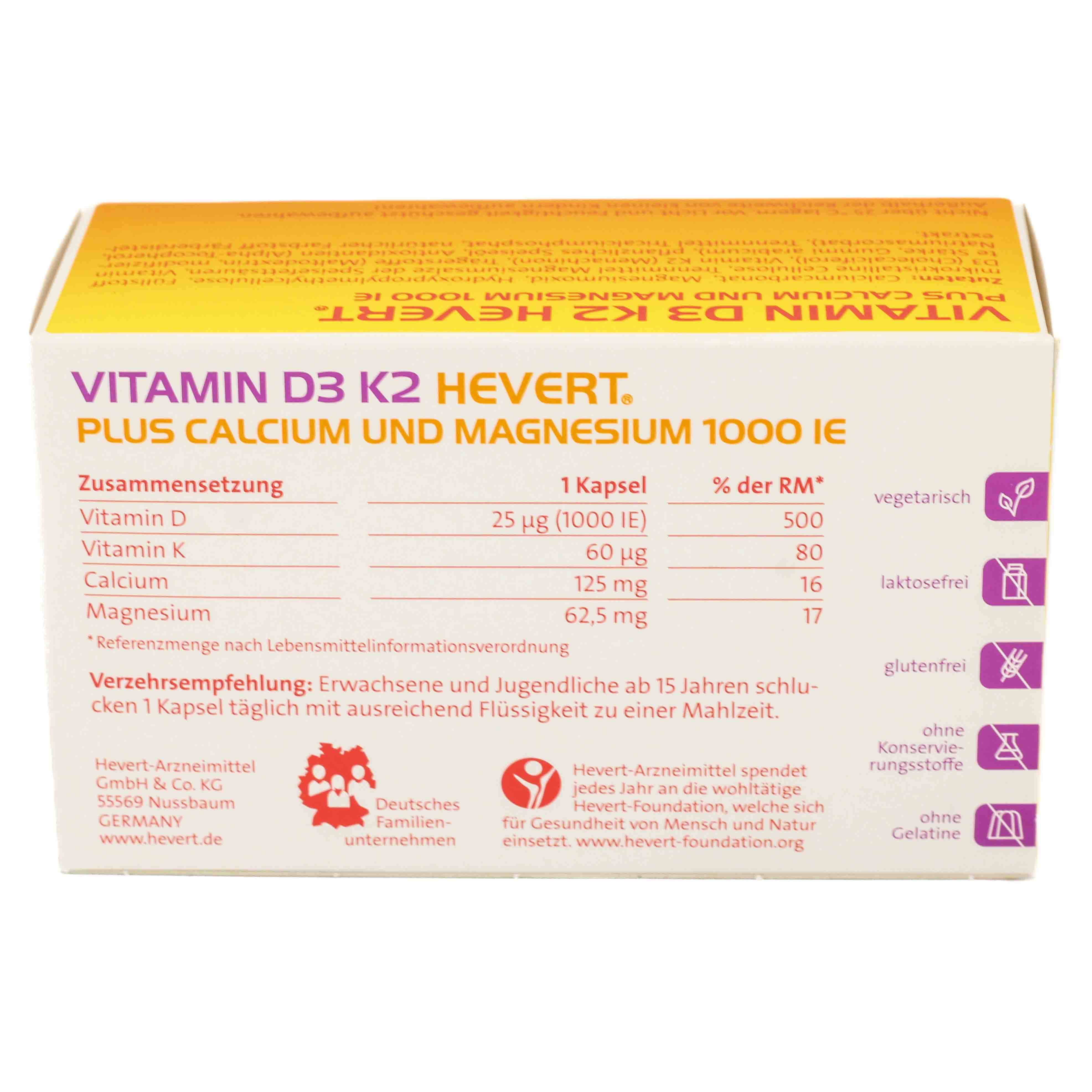 VITAMIN D3 K2 Hevert+Calcium u.Magnes.1000 IE Kps. VITAMIN D3 K2 Hevert+Calcium u.Magnes.1000 IE Kps.