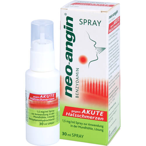 NEO-ANGIN Benzydamin Spray gegen akute Halsschmer. NEO-ANGIN Benzydamin Spray gegen akute Halsschmer.