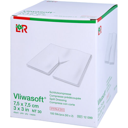 VLIWASOFT Schlitzkompressen 7,5x7,5 cm steril 4l. VLIWASOFT Schlitzkompressen 7,5x7,5 cm steril 4l.